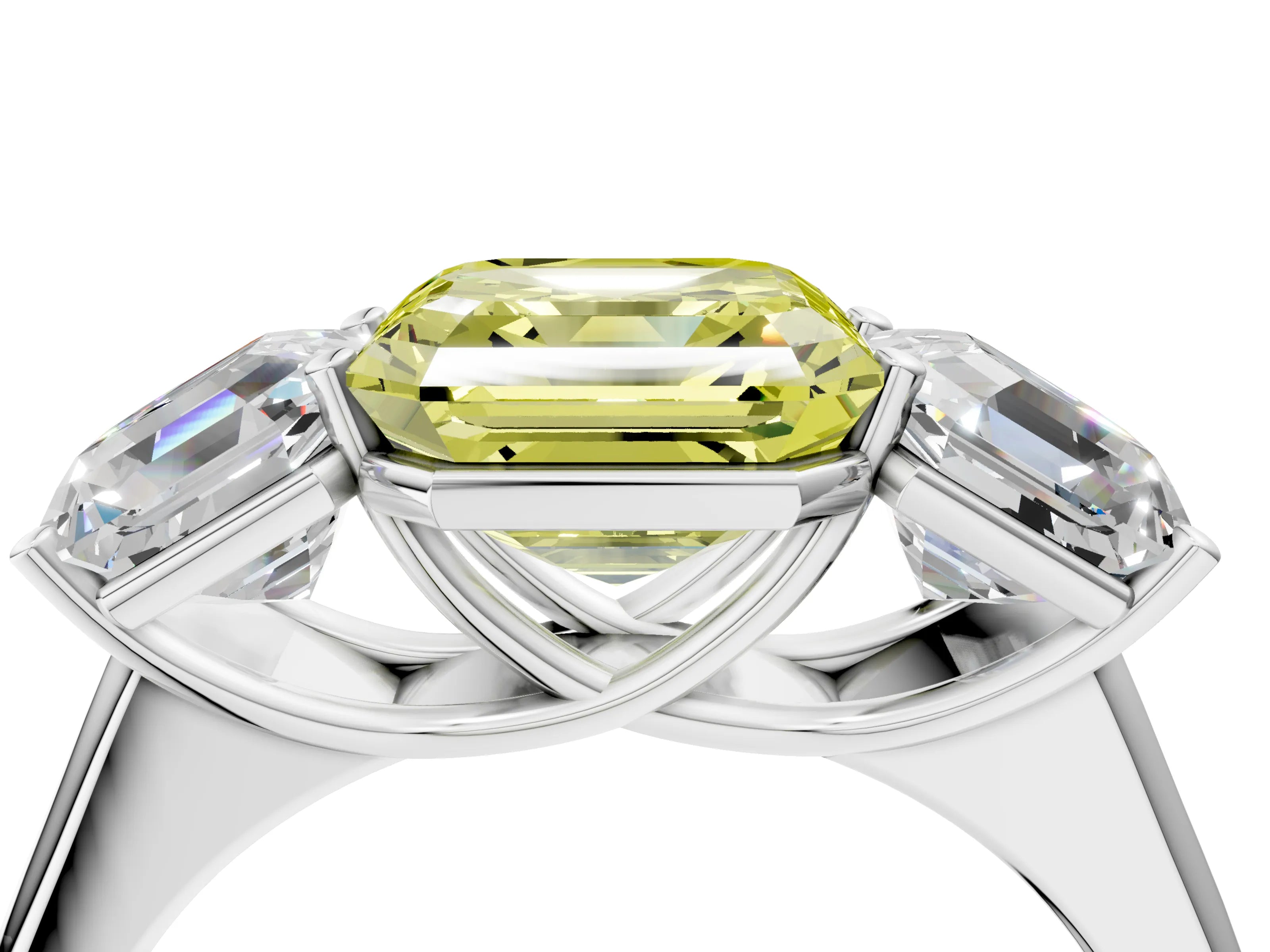 White gold Fancy Yellow Asscher Cut Three-Stone Diamond Ring with Prong Setting on a Classic Band_4