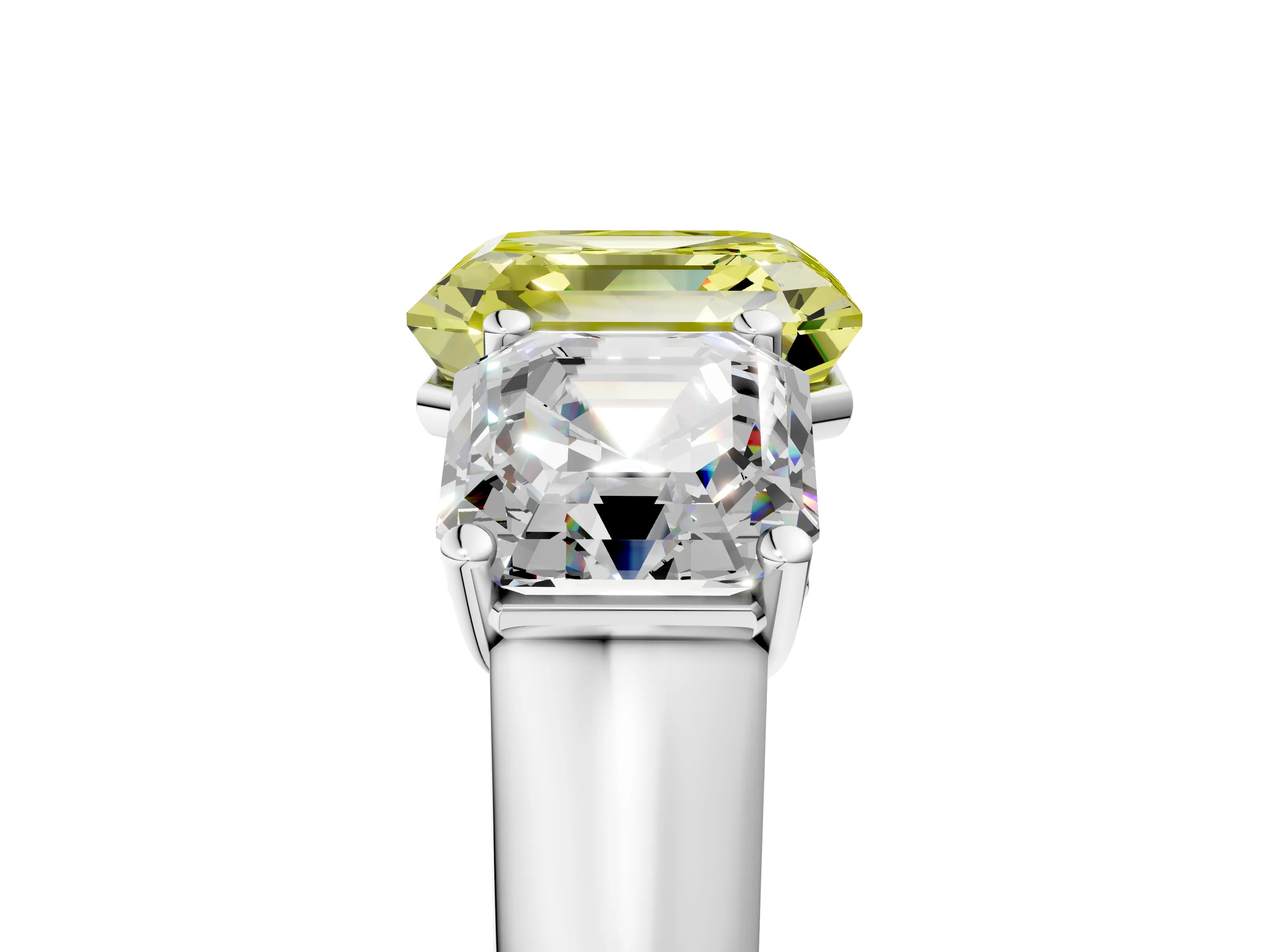 White gold Fancy Yellow Asscher Cut Three-Stone Diamond Ring with Prong Setting on a Classic Band_5