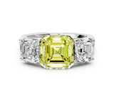 White gold Fancy Yellow Asscher Cut Three-Stone Diamond Ring with Prong Setting on a Classic Band
