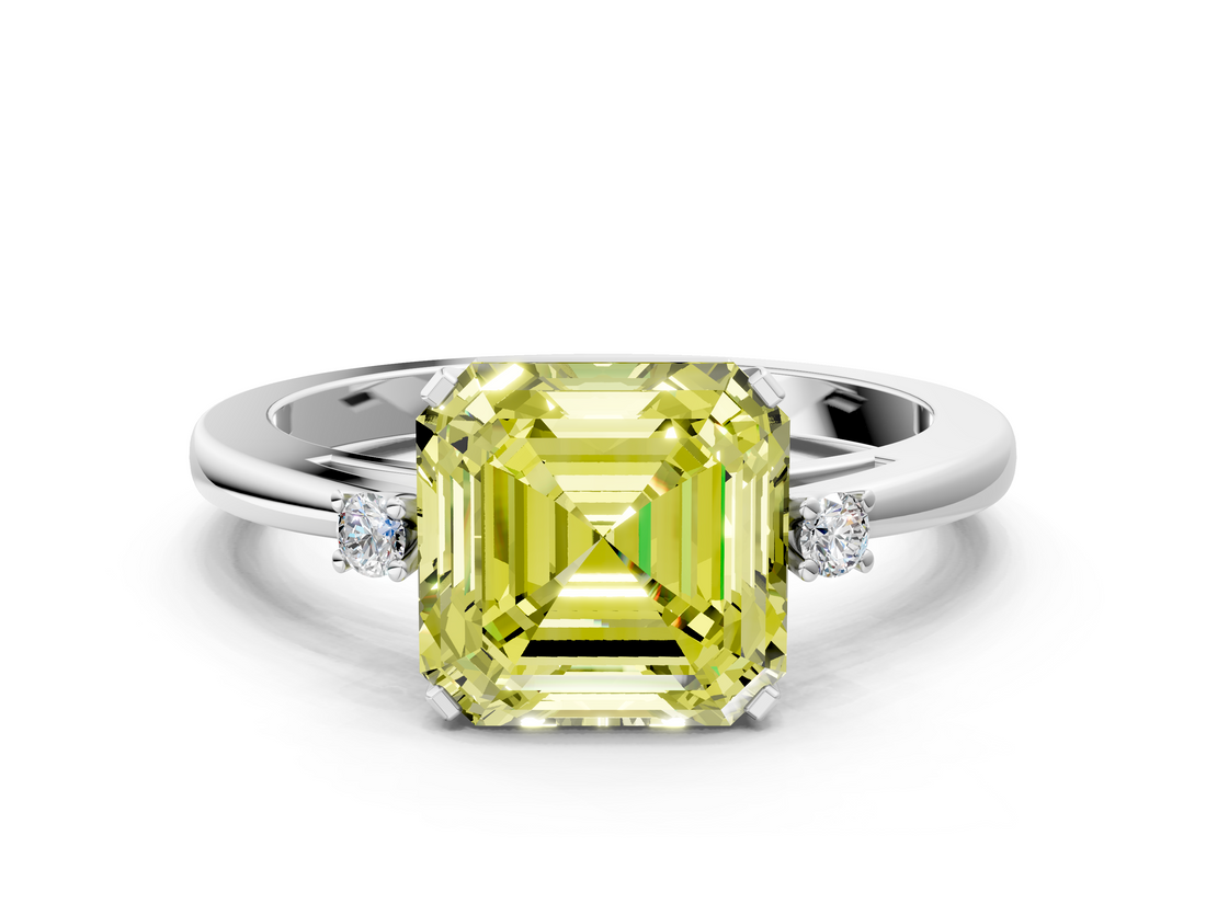 White gold Fancy Yellow Asscher  Cut Three-Stone Solitaire Ring with Round Accent Diamonds and Four-Prong Setting_37
