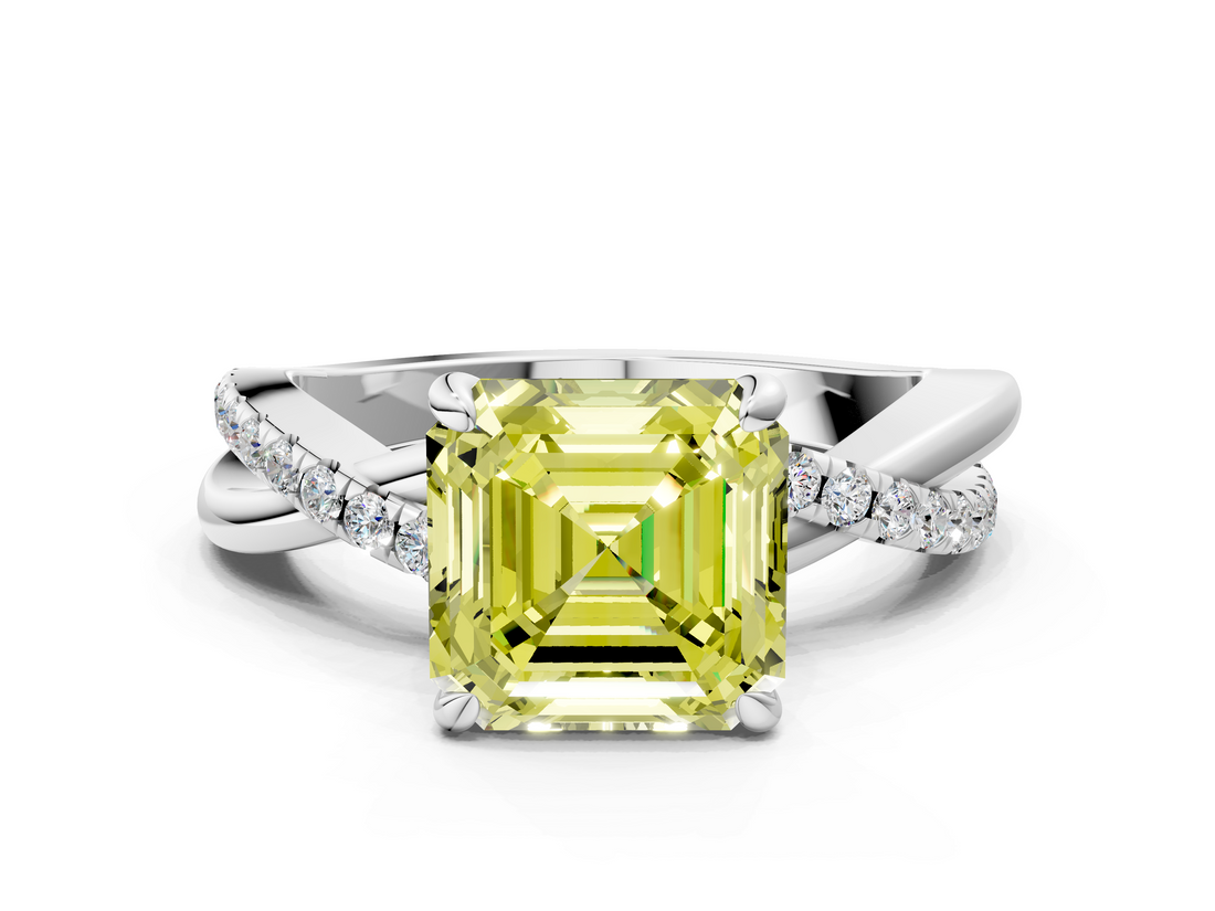 White gold Fancy Yellow Asscher  Cut Twist Band Solitaire Diamond Ring with Pavé Setting_3