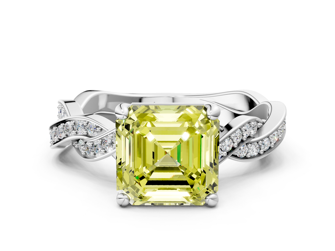 White gold Fancy Yellow Asscher  Cut Twisted Pavé Band Solitaire Ring with Four-Prong Setting