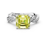 White gold Fancy Yellow Asscher  Cut Twisted Pavé Band Solitaire Ring with Four-Prong Setting