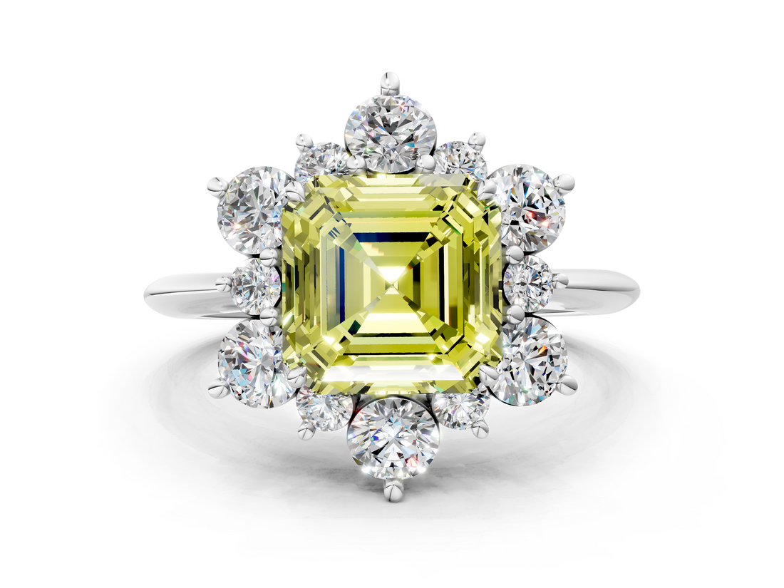 White gold Fancy Yellow Asscher  Diamond Cluster Halo Ring with Solitaire Band and Four-Prong Setting