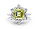 White gold Fancy Yellow Asscher  Diamond Cluster Halo Ring with Solitaire Band and Four-Prong Setting