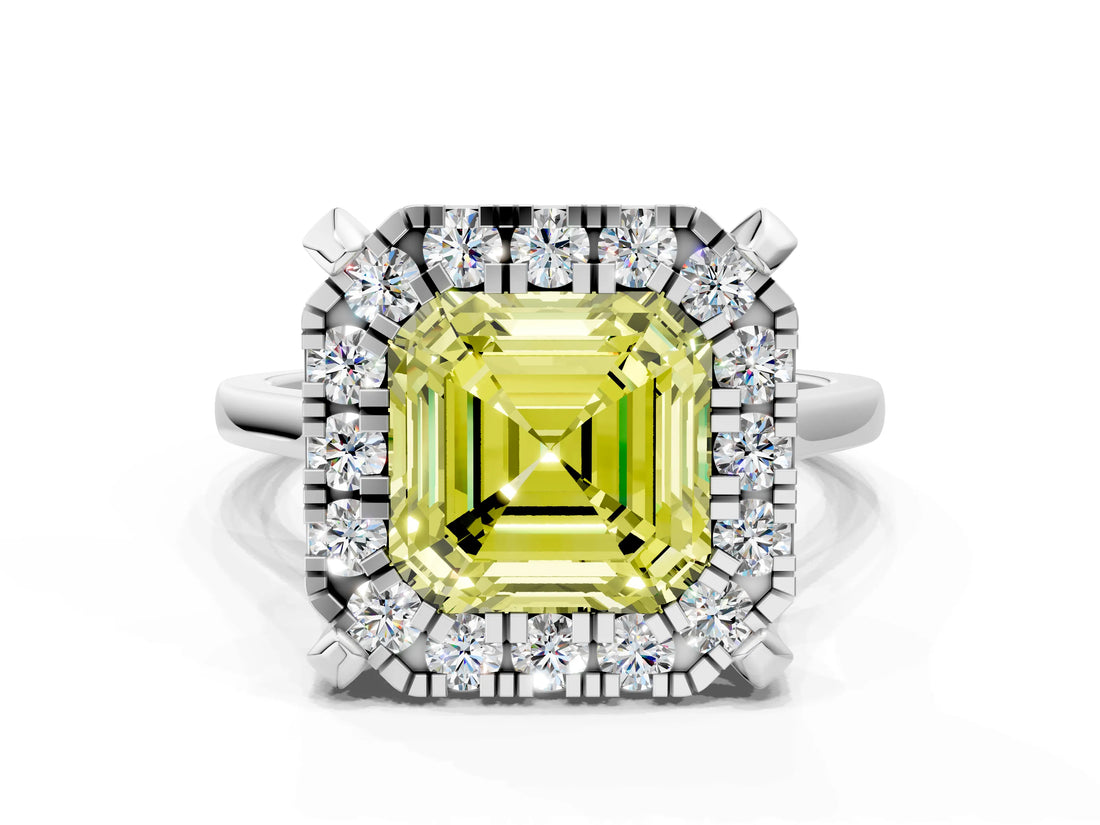 White gold Fancy Yellow Asscher  Diamond Cluster Halo Solitaire with Four-Prong Setting_139