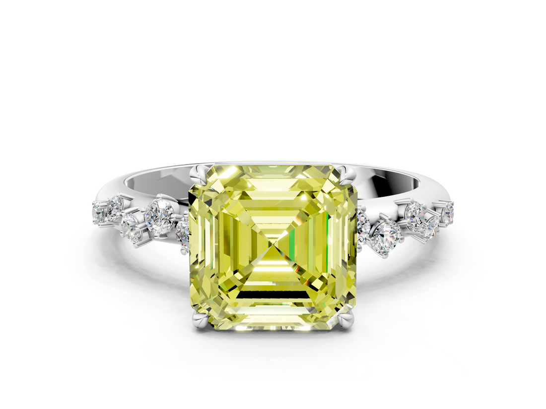 White gold Fancy Yellow Asscher  Diamond Cluster Prong-Set Solitaire Ring