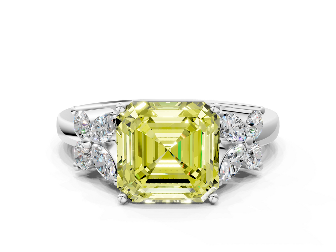 White gold Fancy Yellow Asscher  Diamond Floral Cluster Ring with Solitaire Band and Prong Setting