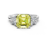White gold Fancy Yellow Asscher  Diamond Floral Cluster Ring with Solitaire Band and Prong Setting