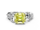 White gold Fancy Yellow Asscher  Diamond Floral Vine Solitaire Engagement Ring