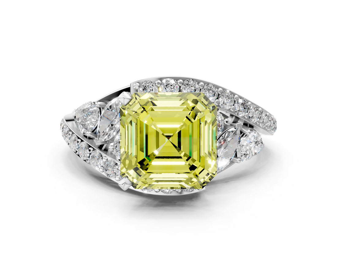 White gold Fancy Yellow Asscher  Diamond Halo Ring with Marquise and Pavé Band in Prong Setting_17