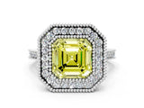 White gold Fancy Yellow Asscher  Diamond Halo Ring with Milgrain Frame and Pavé Band_104