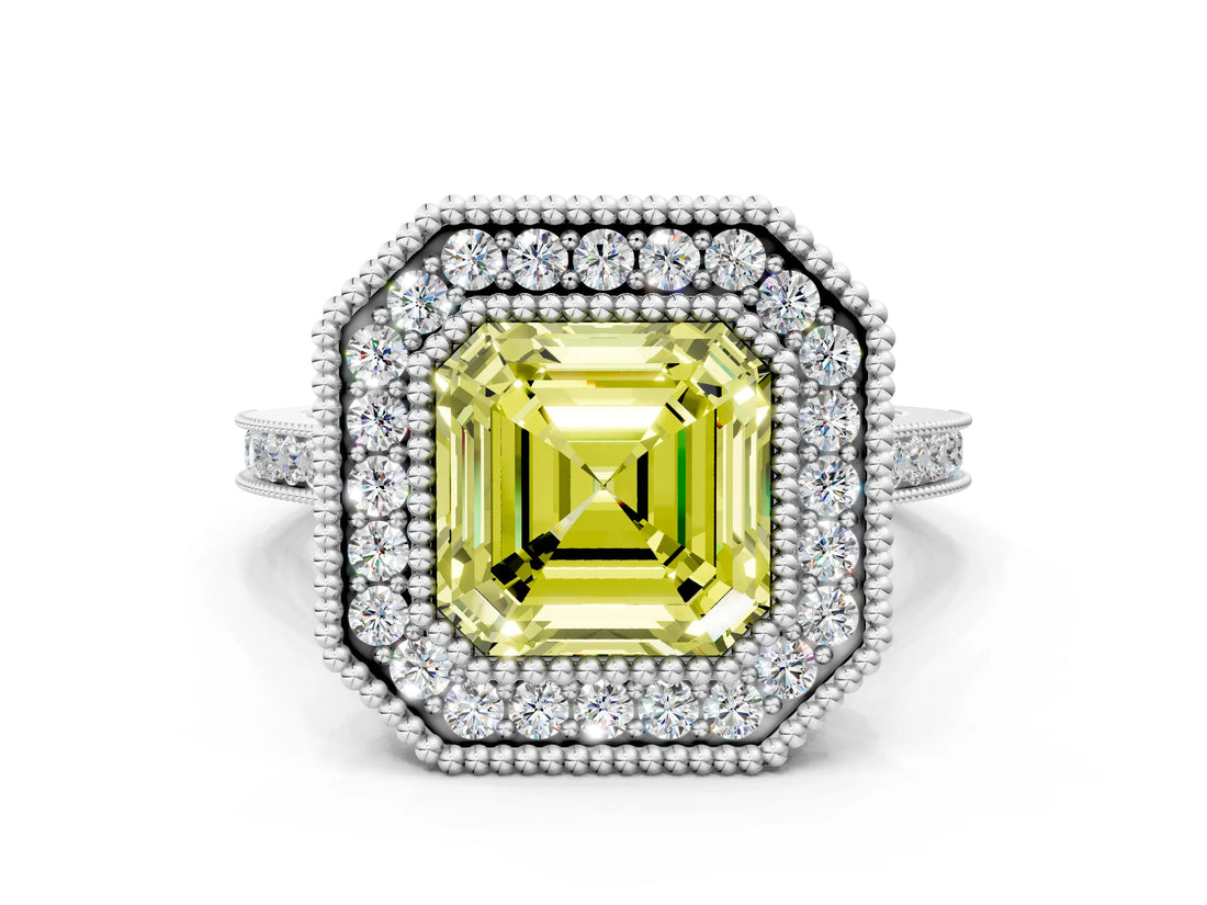 White gold Fancy Yellow Asscher  Diamond Halo Ring with Milgrain Frame and Pavé Band_105