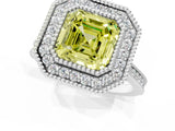 White gold Fancy Yellow Asscher  Diamond Halo Ring with Milgrain Frame and Pavé Band_106