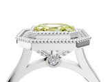 White gold Fancy Yellow Asscher  Diamond Halo Ring with Milgrain Frame and Pavé Band_109
