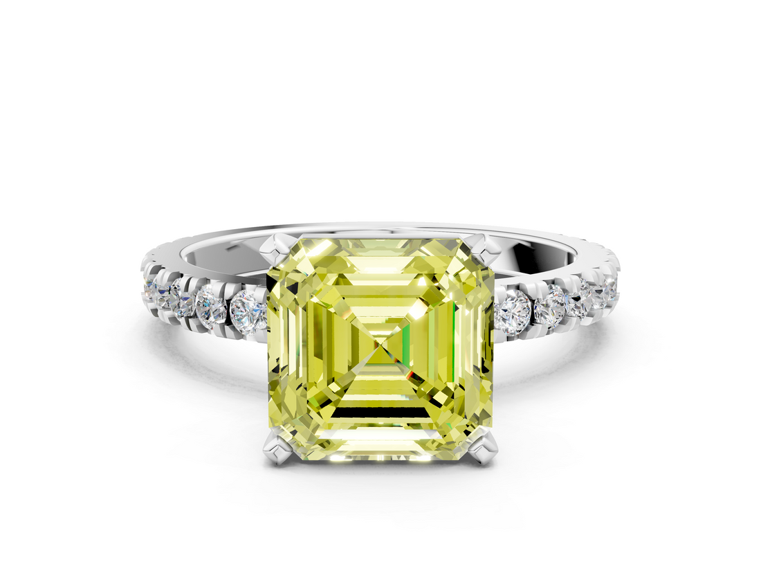 White gold Fancy Yellow Asscher  Diamond Pavé Band Solitaire with Four-Prong Setting