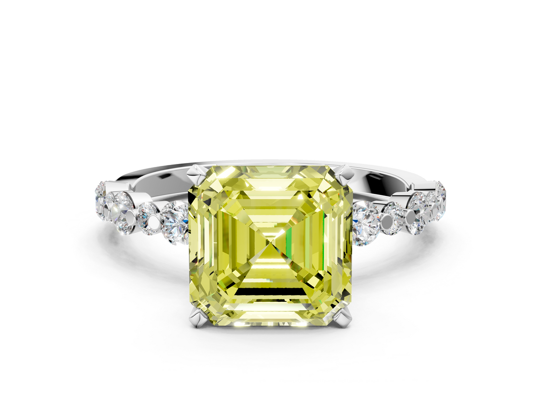 White gold Fancy Yellow Asscher  Diamond Prong Set Engagement Ring with Pave Band_17