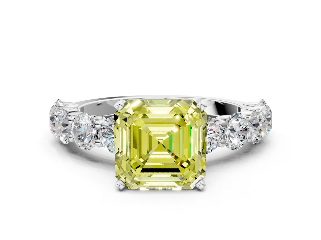White gold Fancy Yellow Asscher  Diamond Prong Setting with Side Stones on a Pave Band