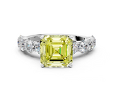 White gold Fancy Yellow Asscher  Diamond Prong Setting with Side Stones on a Pave Band