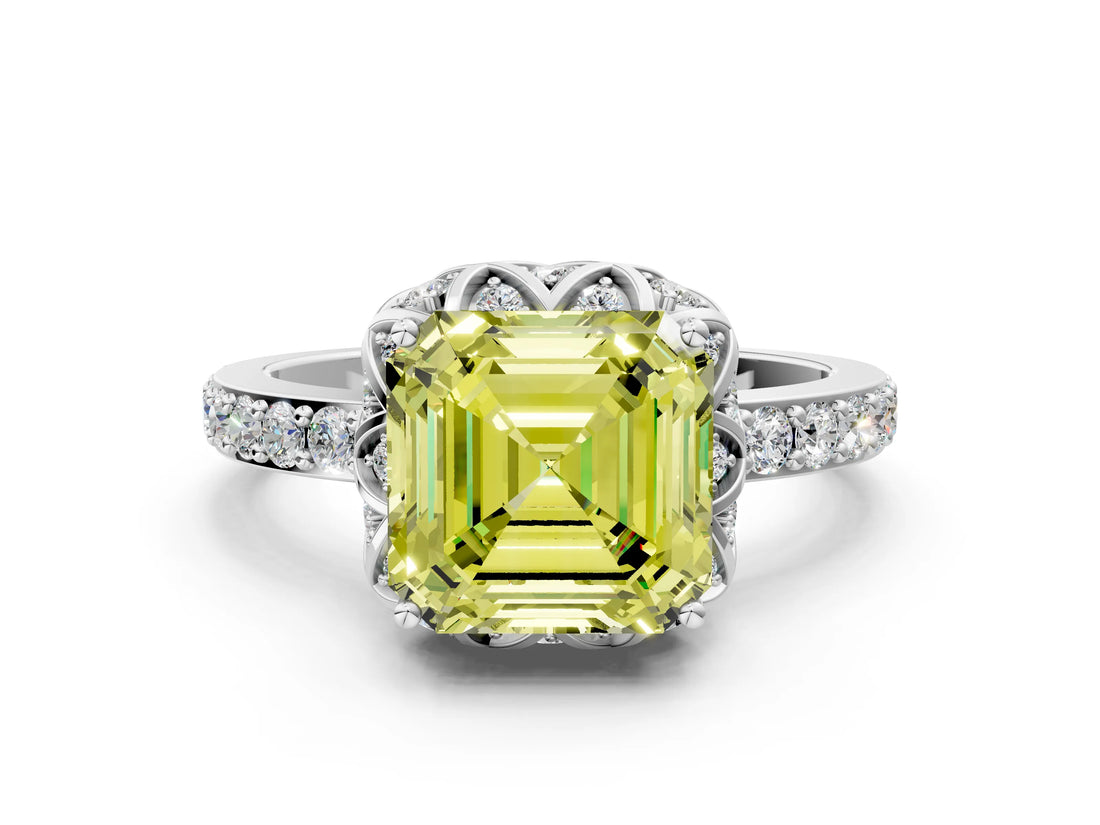 White gold Fancy Yellow Asscher  Diamond Solitaire Ring with Shared Prong Pavé Band_13