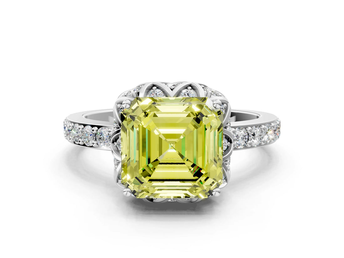 White gold Fancy Yellow Asscher  Diamond Solitaire Ring with Shared Prong Pavé Band_29