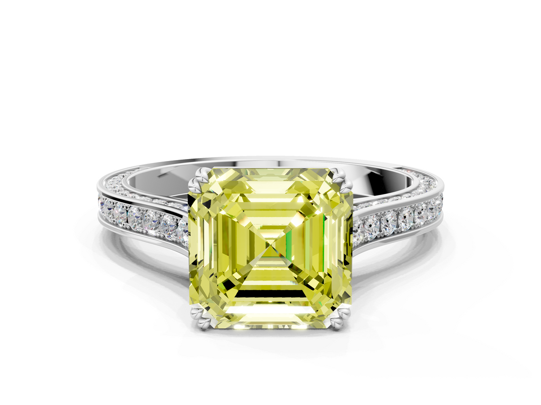 White gold Fancy Yellow Asscher  Diamond Solitaire with Pave Band and Six-Prong Setting_37