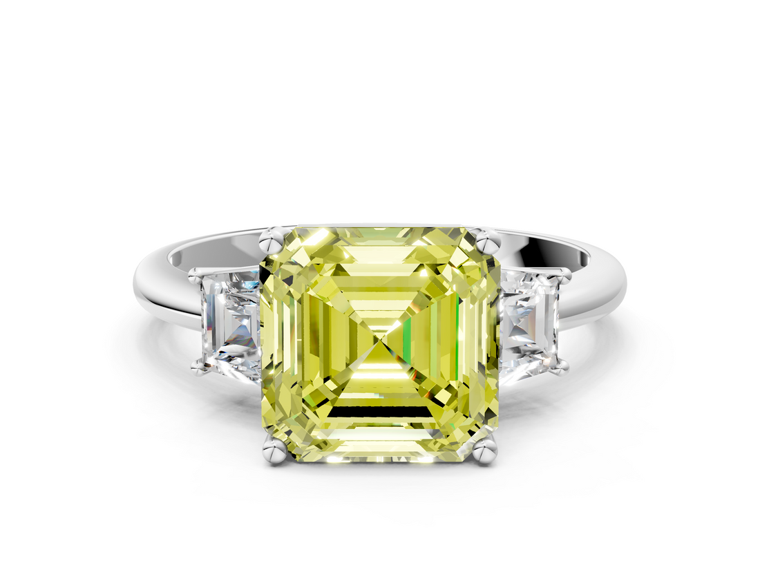 White gold Fancy Yellow Asscher  Diamond Three-Stone Ring with Trapezoid Side Stones and Prong Setting_50