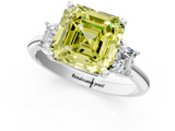 White gold Fancy Yellow Asscher  Diamond Three-Stone Ring with Trapezoid Side Stones and Prong Setting_51