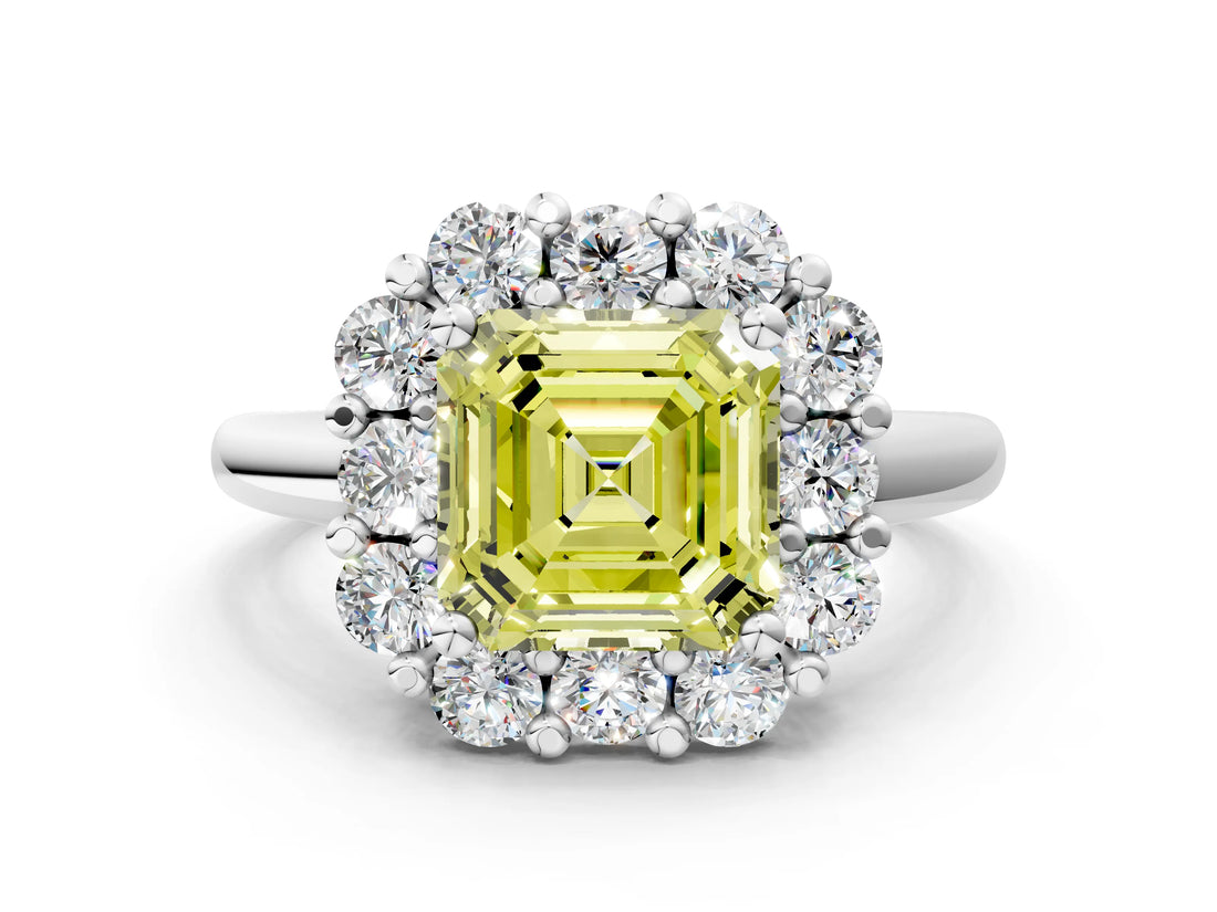 White gold Fancy Yellow Asscher  Halo Cluster Diamond Engagement Ring with Prong Setting and Polished Band_25