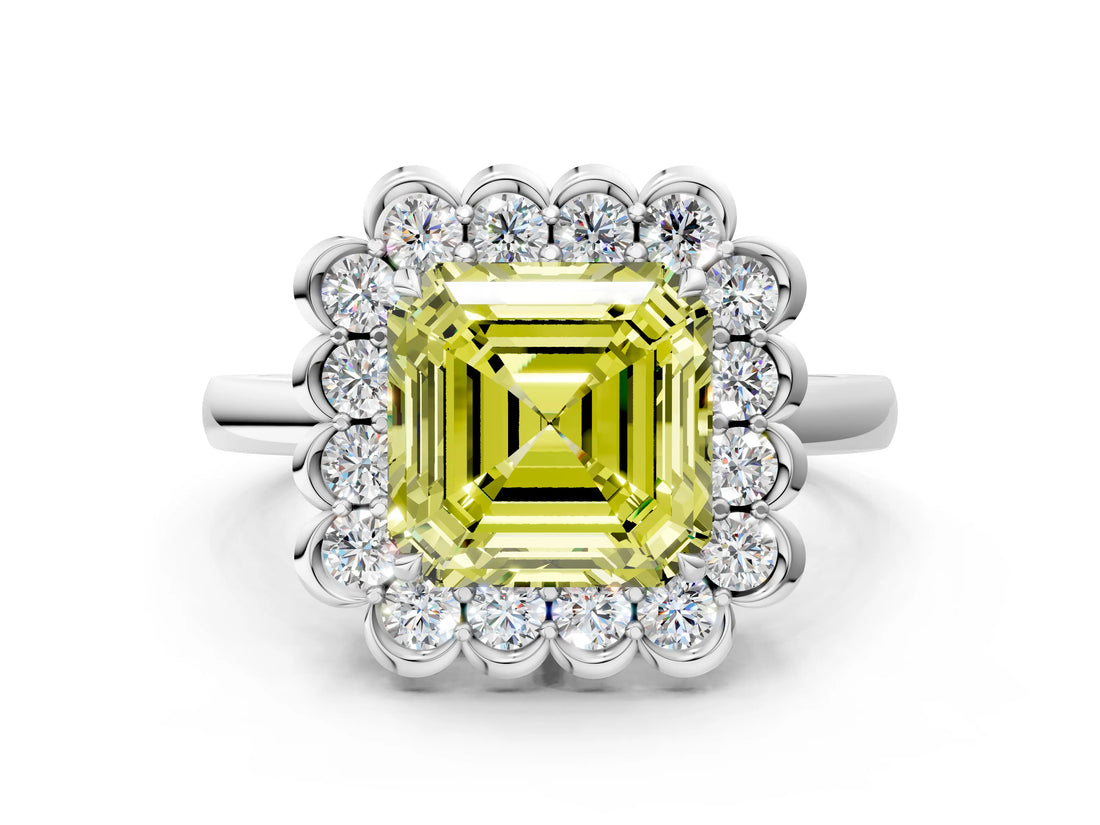 White gold Fancy Yellow Asscher  Halo Cluster Diamond Engagement Ring with Solitaire Band and Prong Setting_24