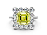 White gold Fancy Yellow Asscher  Halo Diamond Cluster Engagement Ring with Milgrain Bezel Setting and Solitaire Band_39