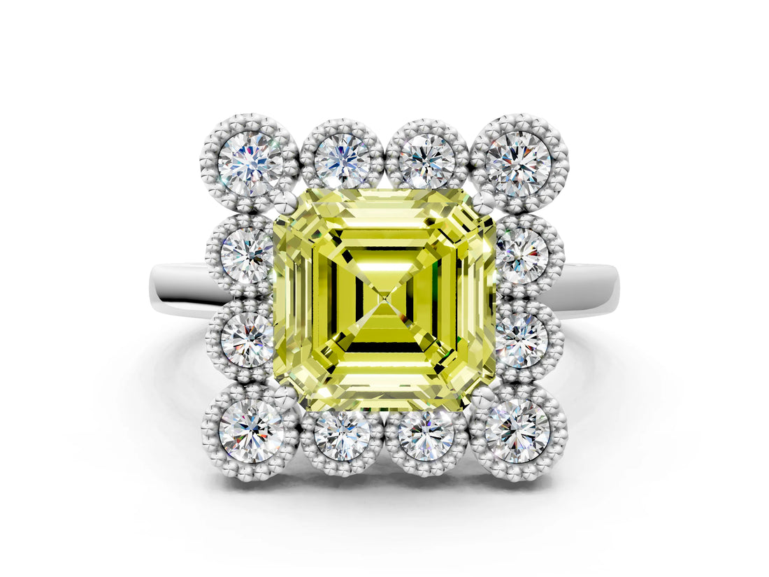 White gold Fancy Yellow Asscher  Halo Diamond Cluster Engagement Ring with Milgrain Bezel Setting and Solitaire Band_39