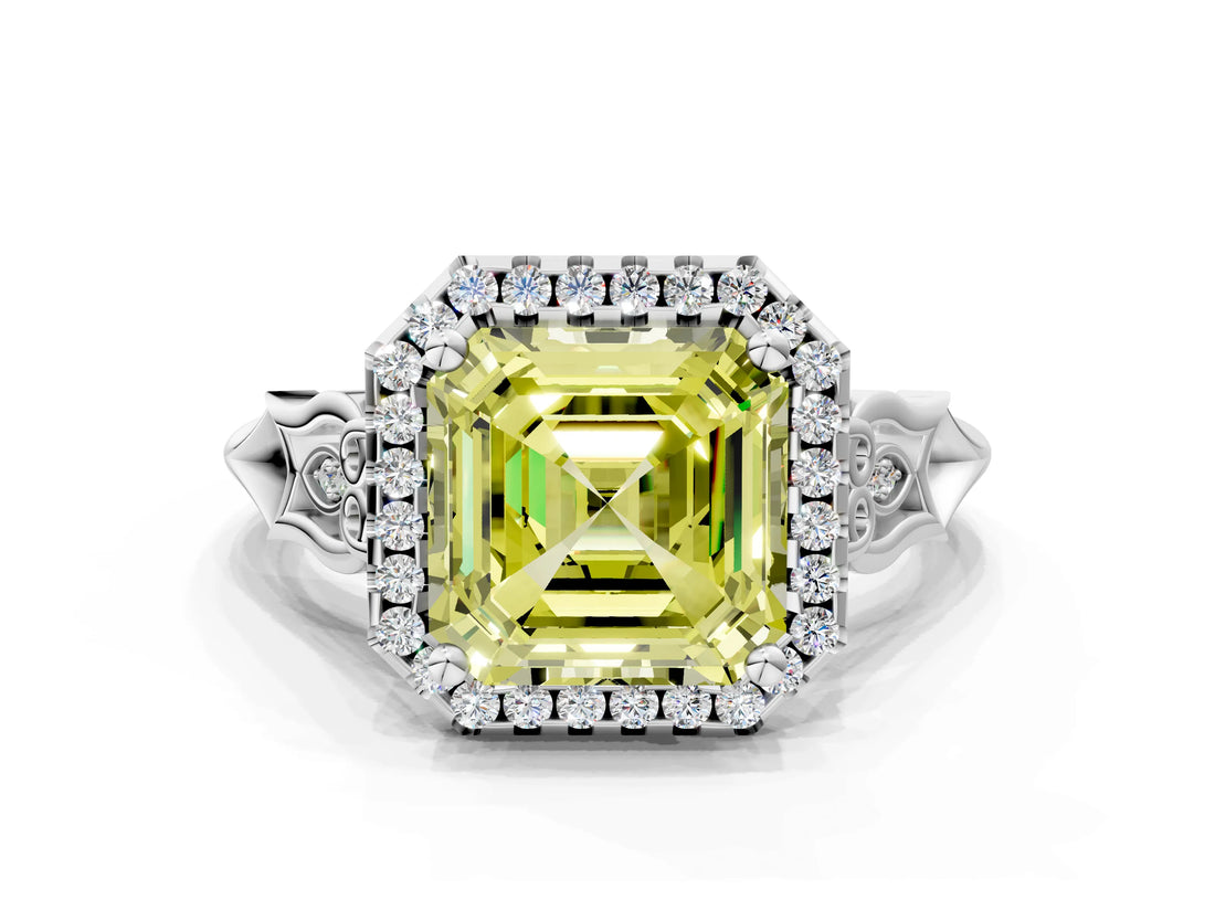 White gold Fancy Yellow Asscher  Halo Diamond Engagement Ring with Filigree Band and Four-Prong Setting_93