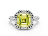 White gold Fancy Yellow Asscher  Halo Diamond Engagement Ring with Intricate Filigree Band and Four-Prong Setting