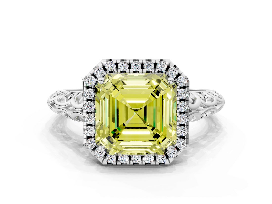 White gold Fancy Yellow Asscher  Halo Diamond Engagement Ring with Intricate Filigree Band and Four-Prong Setting