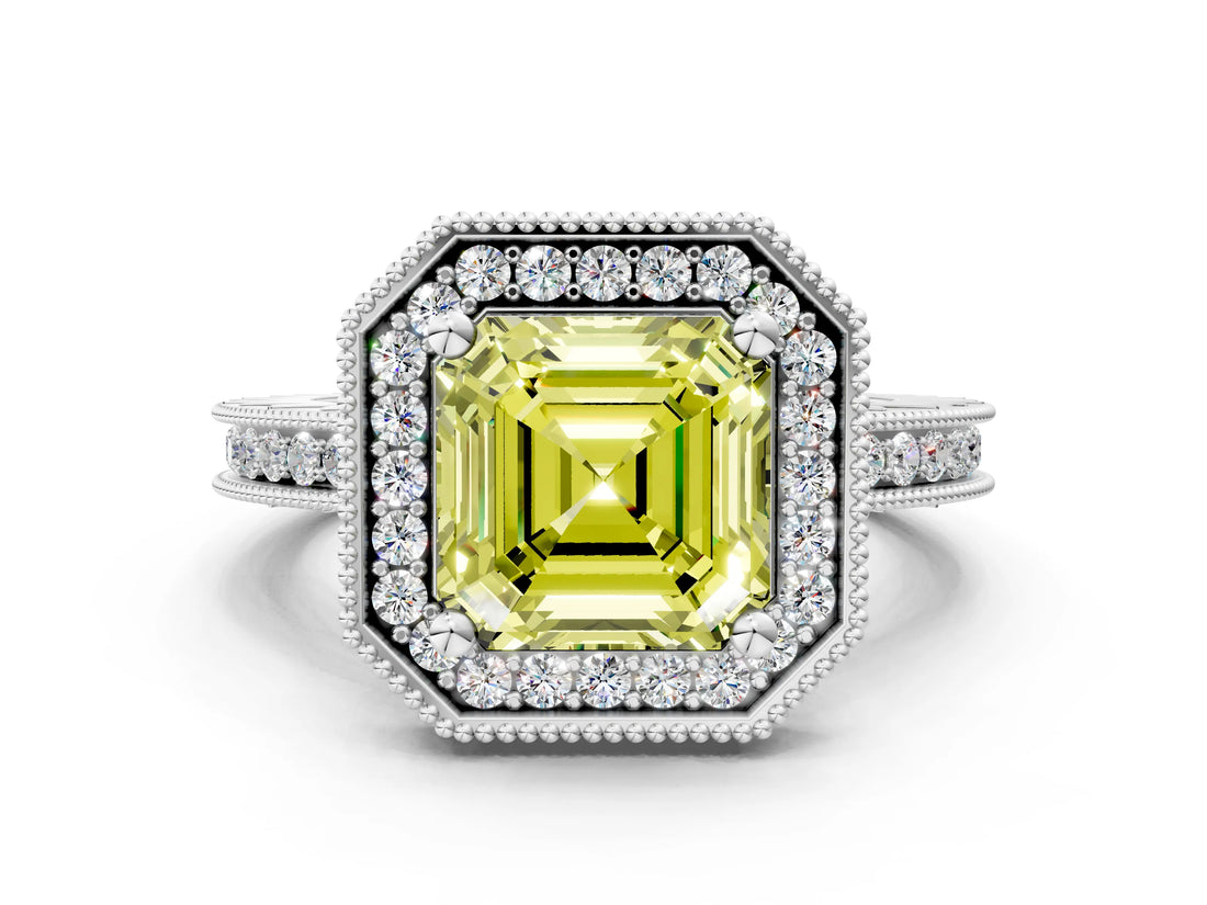 White gold Fancy Yellow Asscher  Halo Diamond Engagement Ring with Milgrain Pave Band and Four-Prong Setting_153