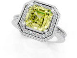 White gold Fancy Yellow Asscher  Halo Diamond Engagement Ring with Milgrain Pave Band and Four-Prong Setting_154
