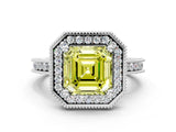 White gold Fancy Yellow Asscher  Halo Diamond Engagement Ring with Milgrain Pave Band and Four-Prong Setting_159