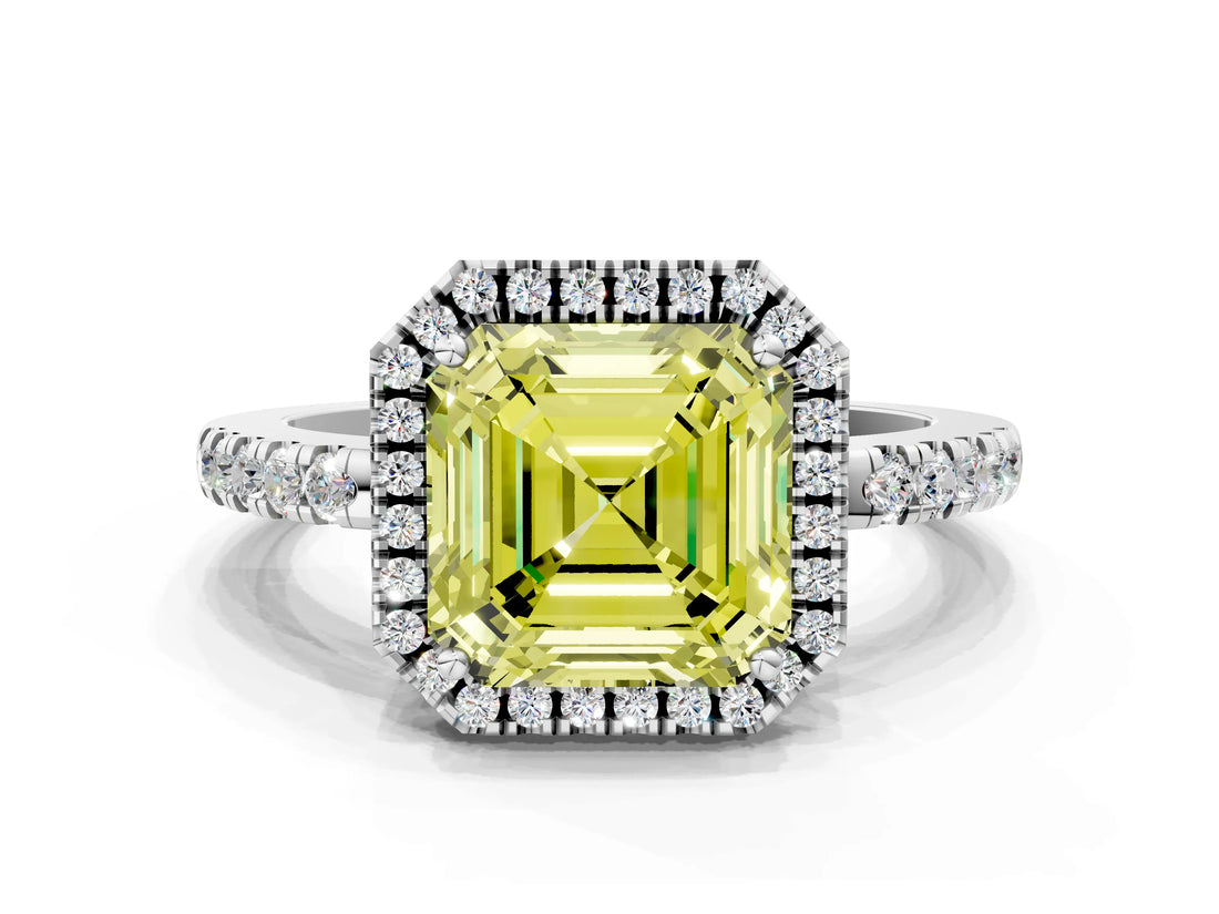 White gold Fancy Yellow Asscher  Halo Diamond Engagement Ring with Pavé Band and Four-Prong Setting_20