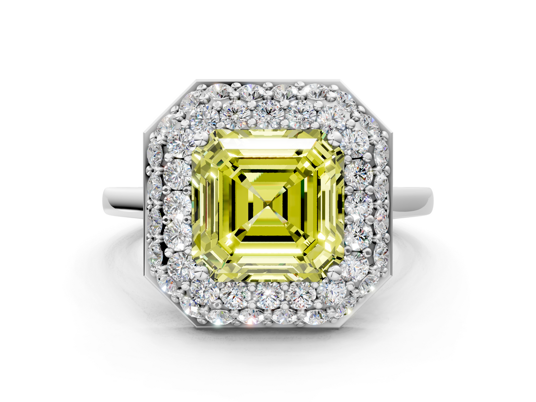 White gold Fancy Yellow Asscher  Halo Diamond Engagement Ring with Solitaire Band and Four-Prong Setting_17
