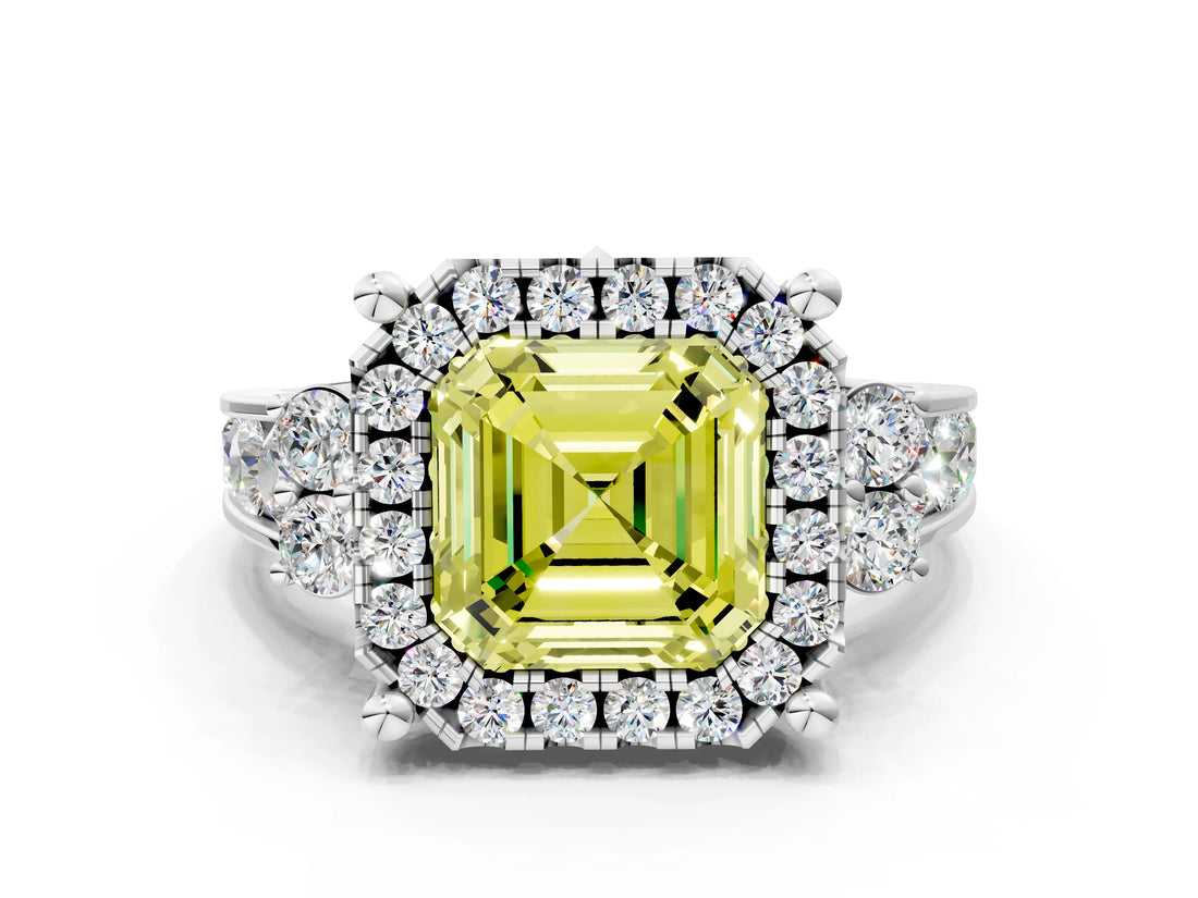 White gold Fancy Yellow Asscher  Halo Diamond Engagement Ring with Split Shank and Four-Prong Setting_22