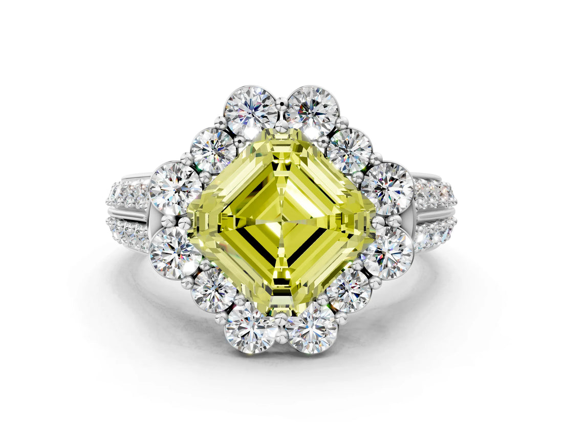 White gold Fancy Yellow Asscher  Halo Diamond Engagement Ring with Split Shank and Prong Setting_46
