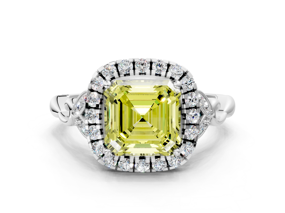 White gold Fancy Yellow Asscher  Halo Diamond Engagement Ring with Vintage-Inspired Band and Four-Prong Setting_3