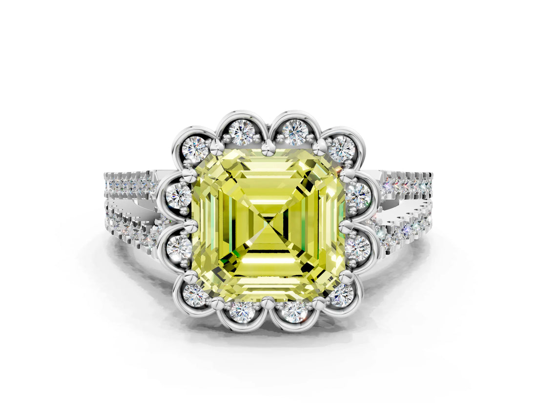 White gold Fancy Yellow Asscher  Halo Diamond Floral Split Shank Engagement Ring 1