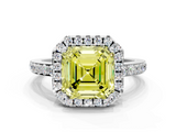 White gold Fancy Yellow Asscher  Halo Diamond Pavé Band Ring with Prong Setting