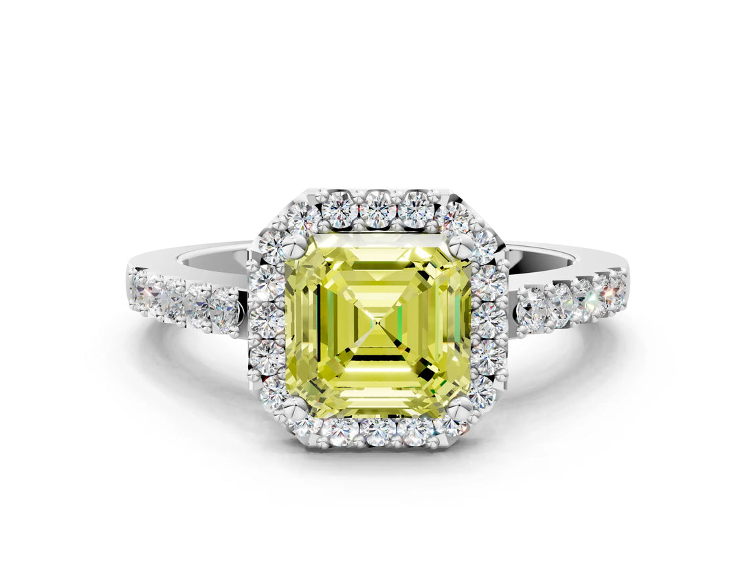 White gold Fancy Yellow Asscher  Halo Diamond Pavé Solitaire Ring_69
