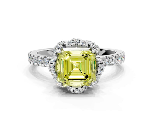 Platinum Asscher Cut Petal Cutout Halo Engagement Ring Setting for Fancy Yellow Center