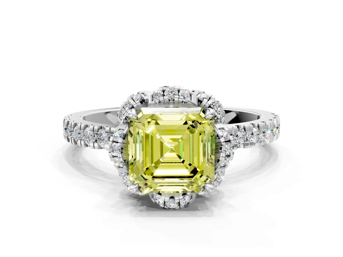 White gold Fancy Yellow Asscher  Halo Diamond Pave Band Ring with Four-Prong Setting_15