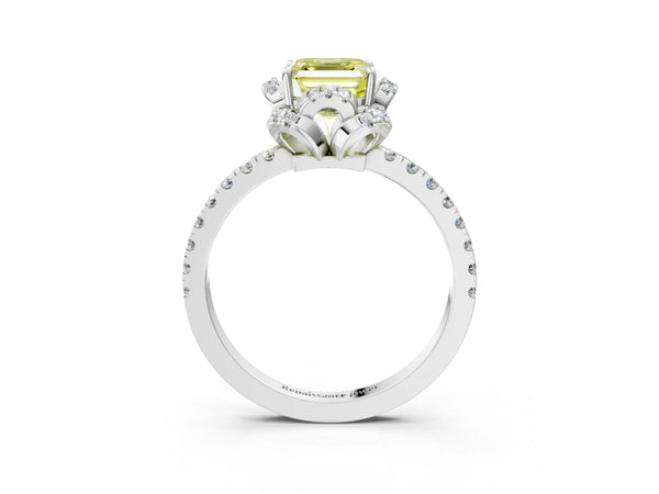 Platinum Asscher Cut Petal Cutout Halo Engagement Ring Setting for Fancy Yellow Center