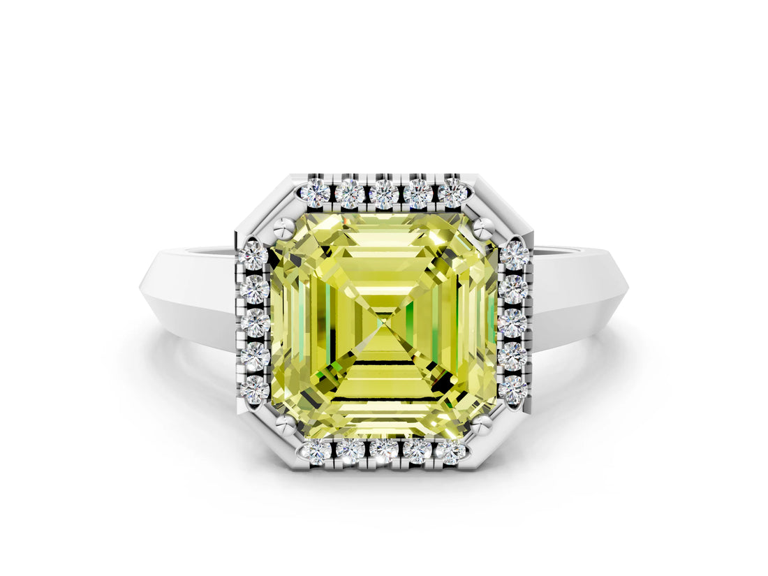 White gold Fancy Yellow Asscher  Halo Diamond Ring with Cathedral Band and Four-Prong Setting_46